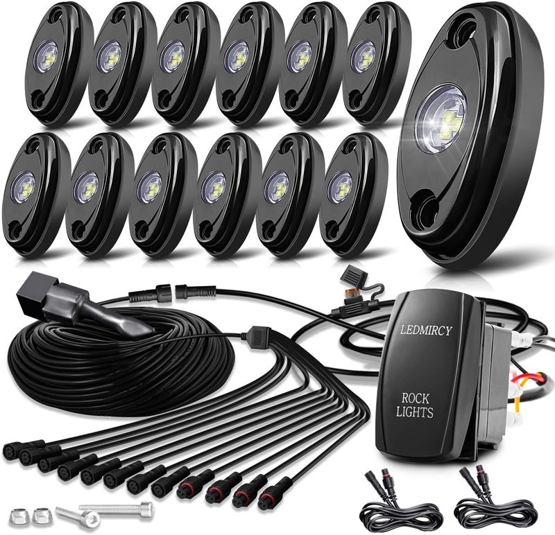 LEDMIRCY R1 Pure White LED Rock Lights Kit with Roker Switch Wire Harness 12PCS High Power Rock Lights White for Trucks Off Road ATV UTV SUV Underglow Trail Rig Light Under Body Waterproof Light - Image 1